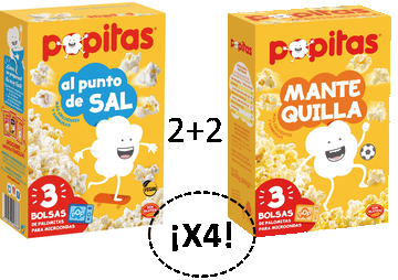 POPITAS AL PUNTO DE SAL PACK 3 bolsas 100g + POPITAS MANTEQUILLA PACK bolsas 100g.  Caja mixta 4 packs